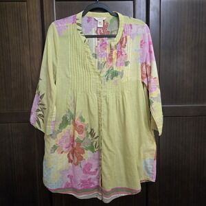 Sundance Floral Pintuck Pleated Button Up Tunic Top Boho Airy Artsy Pockets L